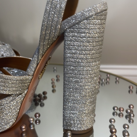 Aquazzura Sundance Silver Glitter Platform Heeled Sandals Sz 39 - Picture 13 of 17